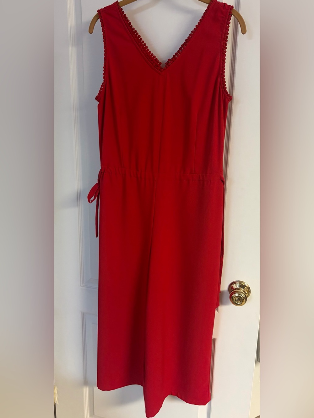 Carolina Belle Red Sleeveless V-Neck gaucho style romper with Waist Tie
